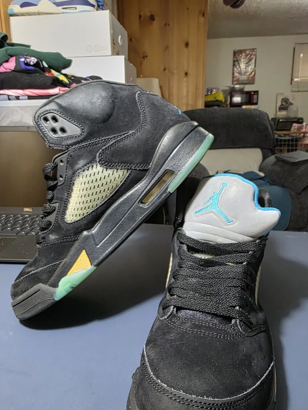 Air Jordan 5 Aqua Black Suede Low Sneakers with Blue Accents Size 10.5m